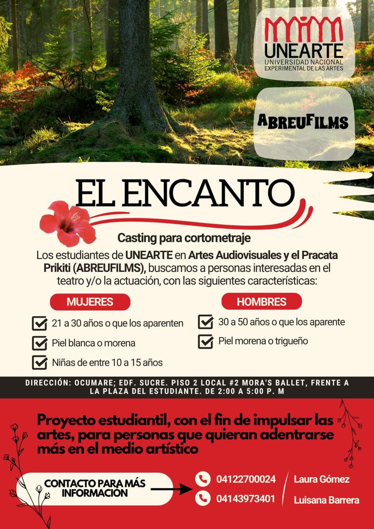 Estudiantes de Unearte buscan actores y actrices para cortometraje