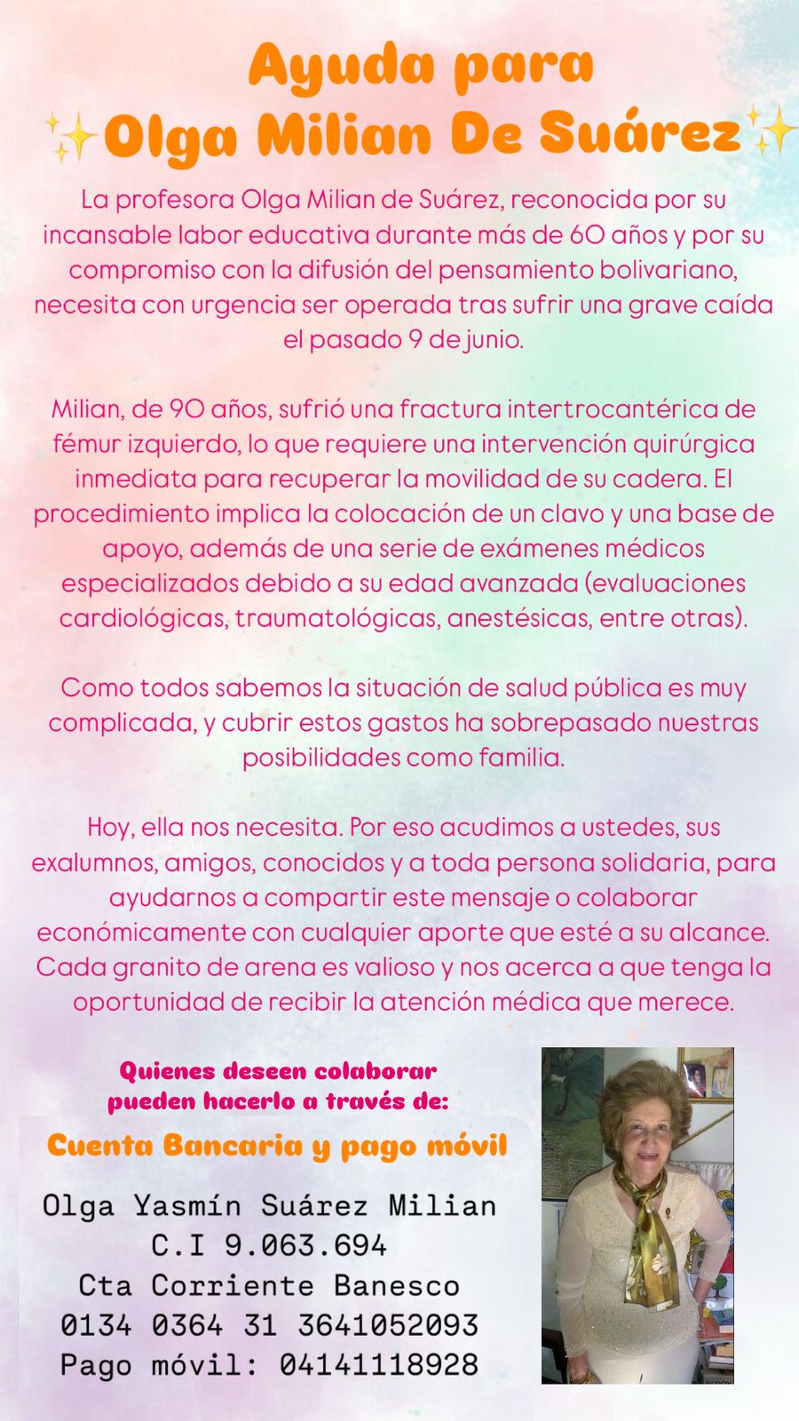 Ayuda para Olga Milián de Suárez